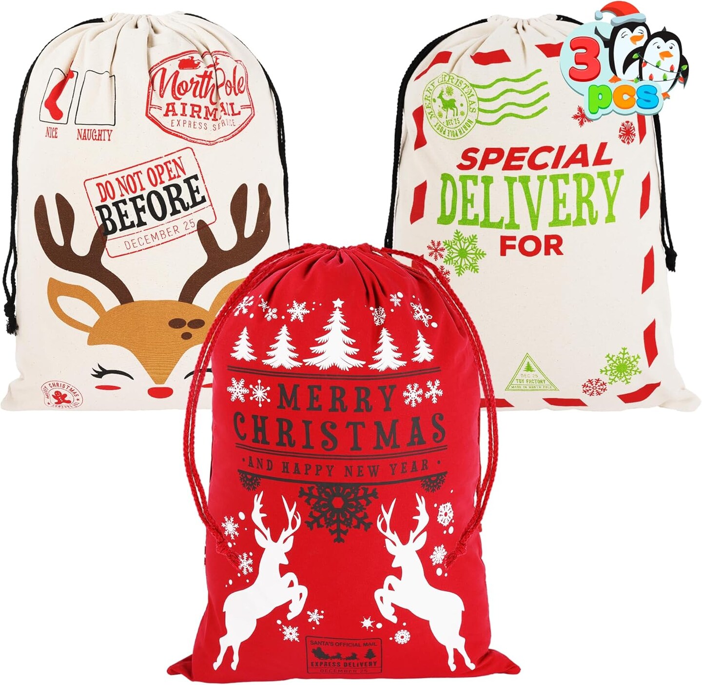 3 Packs present Bags, Santa Burlap Sack with Drawstring 26" x 19" for Large Xmas Package Storage, Event Party Supplies, Christmas Party Favors