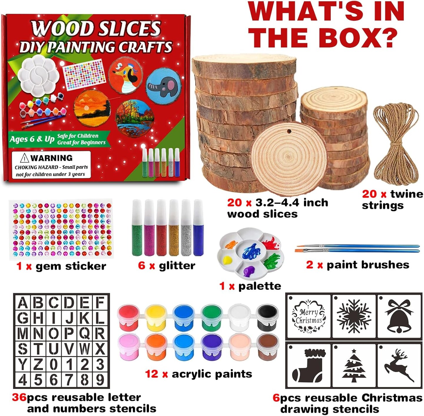 Natural Wood Slices, Wooden Arts and Crafts Kits for Kids Adults, 20PCS Unfinished Wood Slices Painting kit with Letter Numbers Xmas Stencils, Wooden Christmas Ornaments DIY Crafts