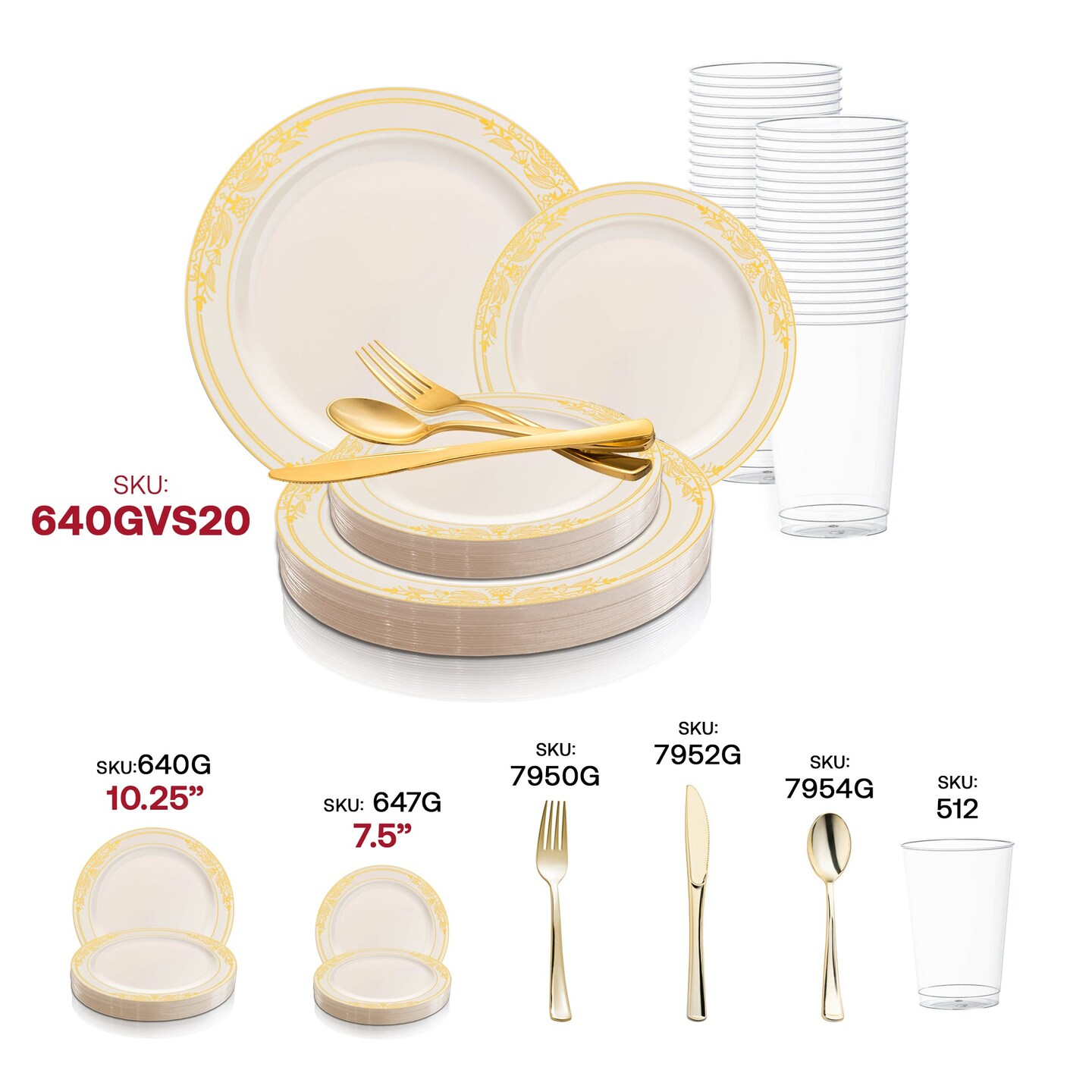 Ivory with Gold Harmony Rim Plastic Wedding Value Set (120 Settings)