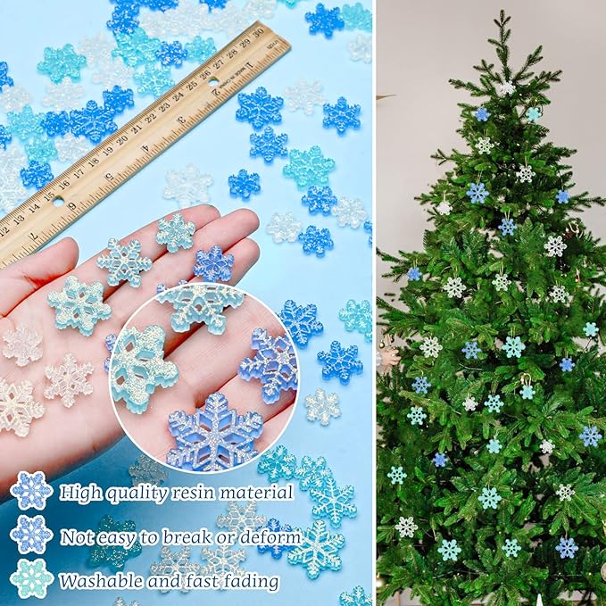 Mini Snowflakes for Crafts Small Resin Snowflakes Snow Shaped Christmas Ornaments for DIY Crafts Xmas Tree Home Decor, 3 Sizes(White, Blue, Light Green)