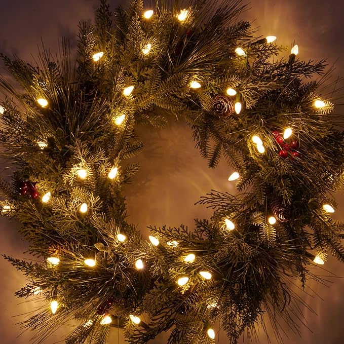 Pre-lit Christmas Wreath for Front Door, Flocked Branches, 30 Inch Battery Operated 50 LED Lights, Decorations for Indoor &#x26; Outdoor Green