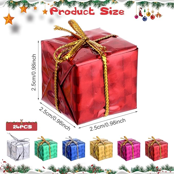 24pcs Christmas Mini Gifts Box Ornaments, 2.5CM Xmas Tree Small Gift Boxes Hanging Decorations Party Favors Xmas Tree Indoor Outdoor Hanging Pendant Holiday Decoration