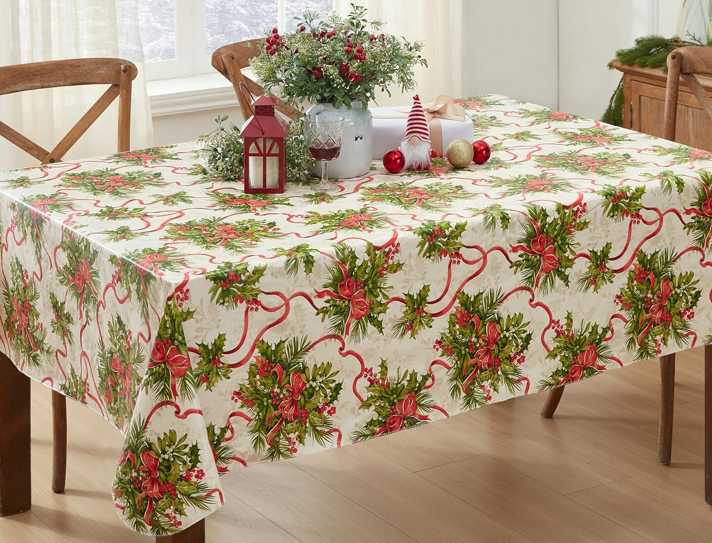 Tablecloth with Flannel Backing, Red Holly Berry and Ribbons Holiday Easy Care Wipe Clean Tablecloth, 52” x 70” Oblong/Rectangle Visit the Newbridge Store