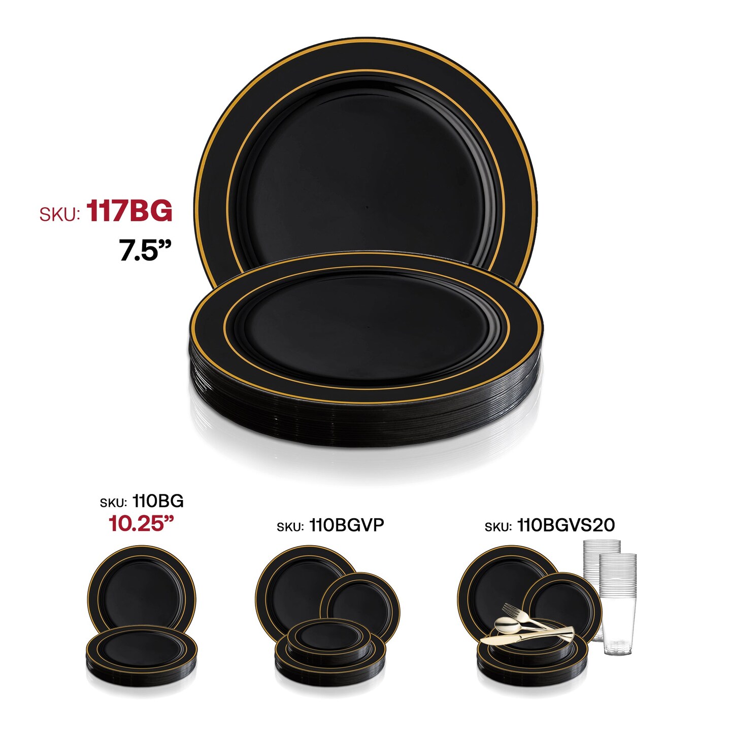 Black with Gold Edge Rim Plastic Appetizer/Salad Plates - 7.5" (120 Plates)