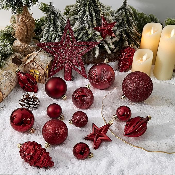 Shatterproof Christmas Tree Decorative Hanging Ornaments with Loop for Xmas Holiday Party Wreath Home Decoration (Burgundy)