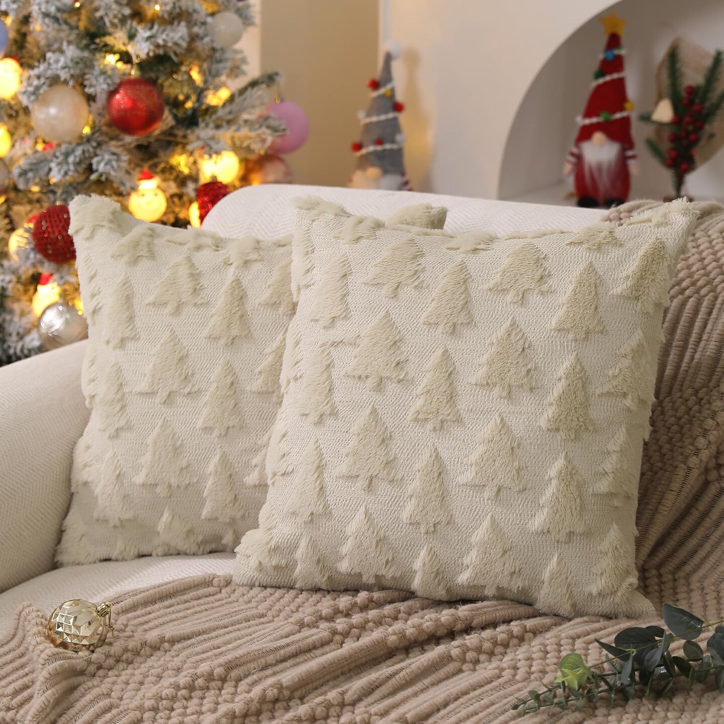 Christmas Tree Pillow Covers 18x18 inch Set of 2 Christmas Decoration Beige Soft Plush Faux Fur Jacquard Throw Pillows for Bedroom Sofa Holiday Festivals Winter Home Decor Michaels