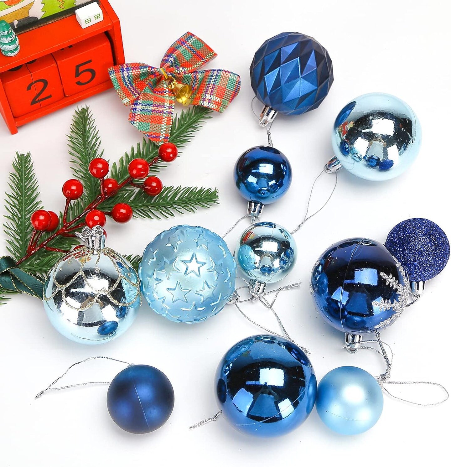 100PCS Shatterproof Blue Christmas Ornament Set - Glitter Balls for Tree Decor and Wreaths