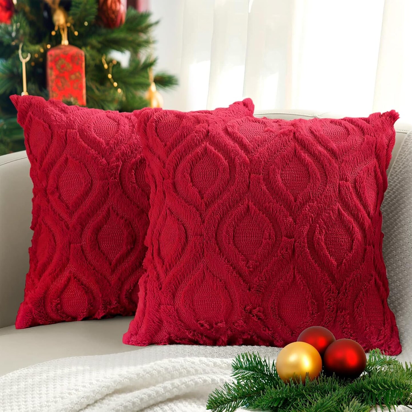 Christmas Decorative Throw Pillow Covers 18x18, Soft Plush Faux Wool Couch Pillow Covers for Home, Set of 2, Red