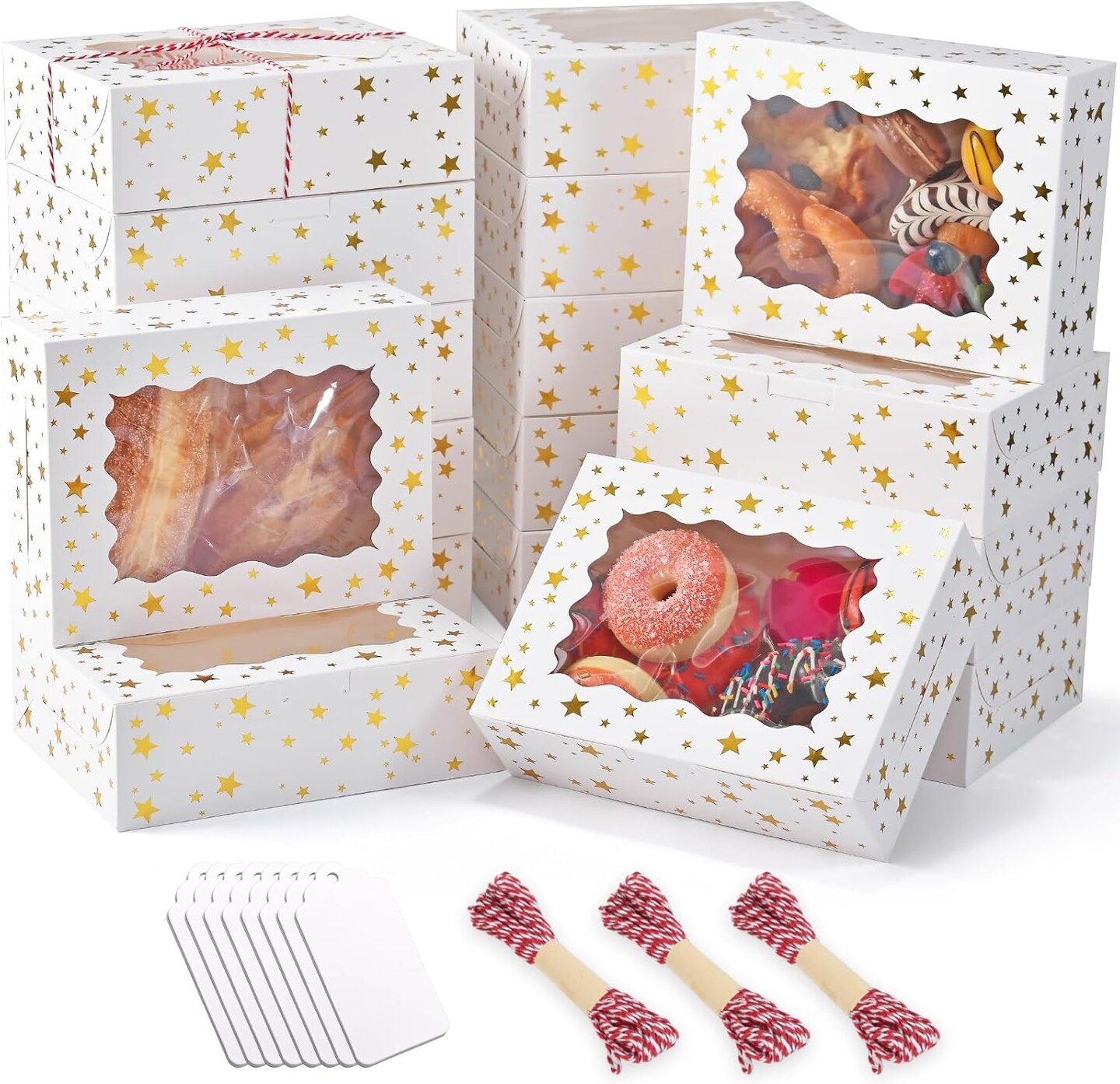 32Pcs 8x6x2.5 in Christmas Cookie Boxes with Window, White Bakery Boxes for Cookie, Treat Boxes Pastry Boxes for Gift Giving, Chocolate Covered Strawberries, Dessert, Donut, Cupcakes Muffins