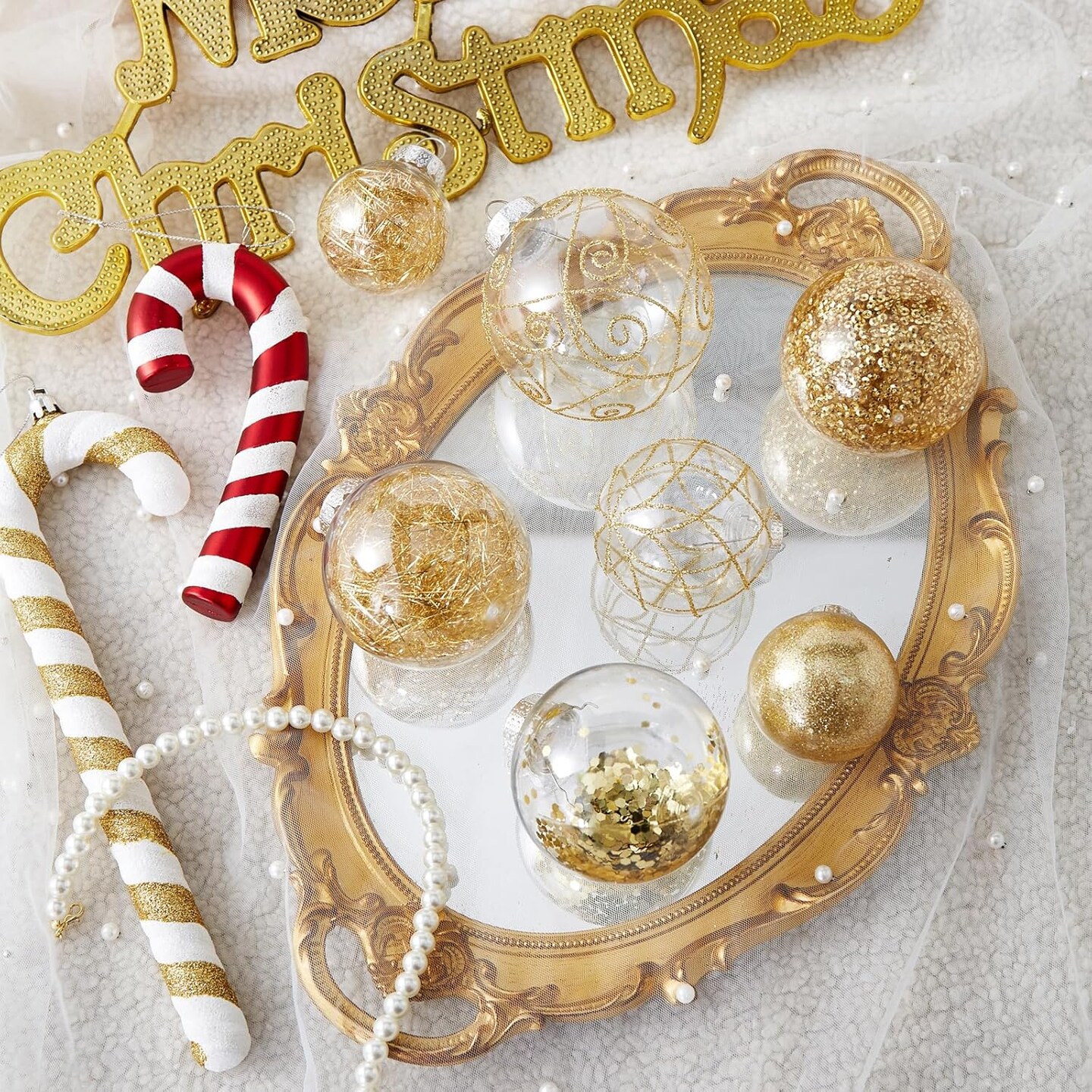Christmas Ball Ornaments Shatterproof Clear Large Plastic Hanging Ball Decorative Baubles Set with Stuffed Delicate Decorations (Multi-Size, Gold)