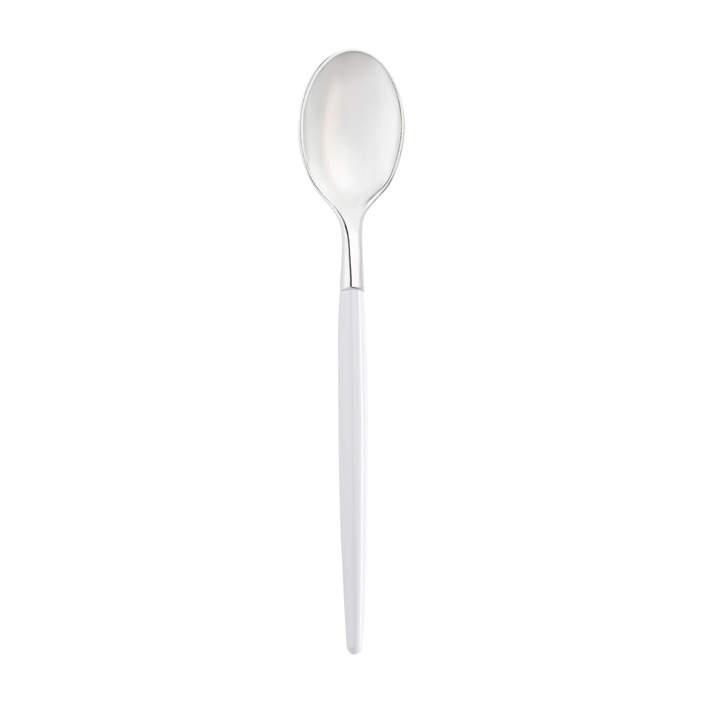 Silver with White Handle Moderno Disposable Plastic Dinner Spoons (240 Spoons)