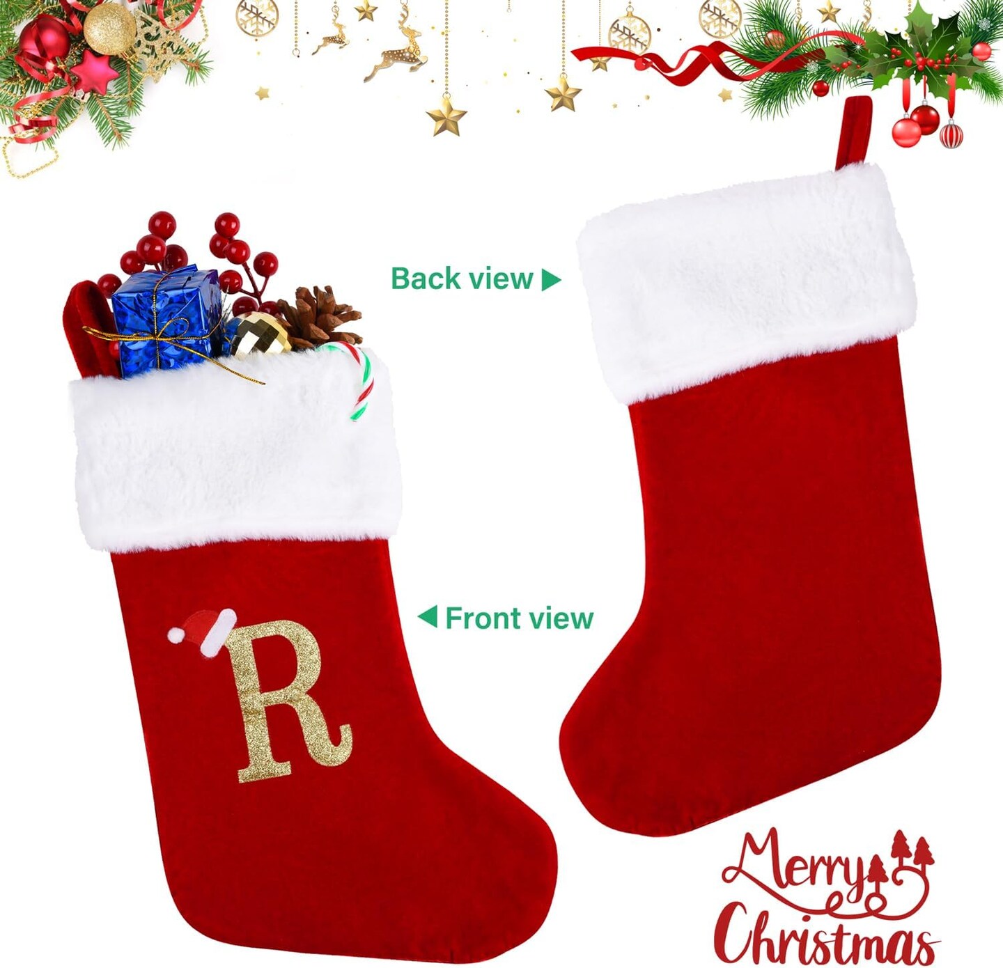 20 Inches Monogram Christmas Stockings with Letters, Large Super Soft Christmas Stockings Red Velvet with White Super Soft Plush Cuff for Christmas Xmas Tree Holiday Fireplace Family Decor Gifts (R)