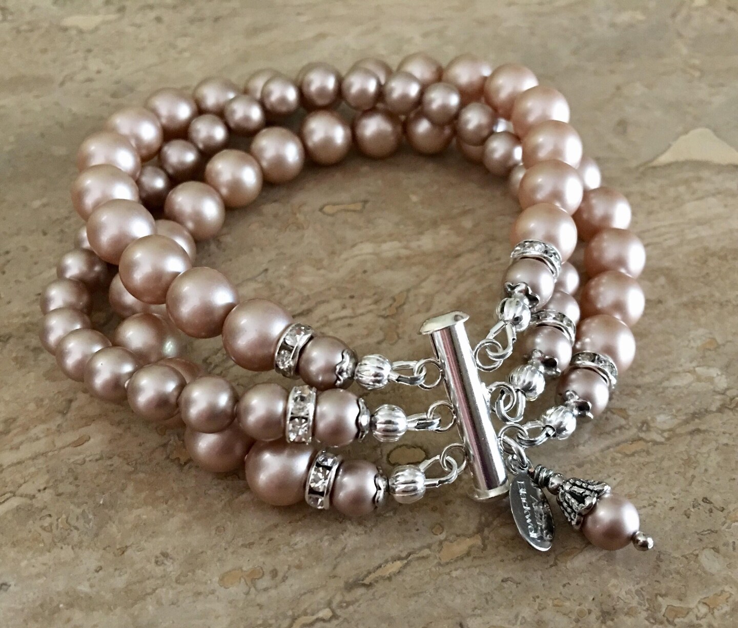 COMPLETE Champagne Jewelry Set Taupe Pearl Necklace with Brooch Bracelet Earrings Swarovski Pearls In Powder Almond Mother of the Bride product 3