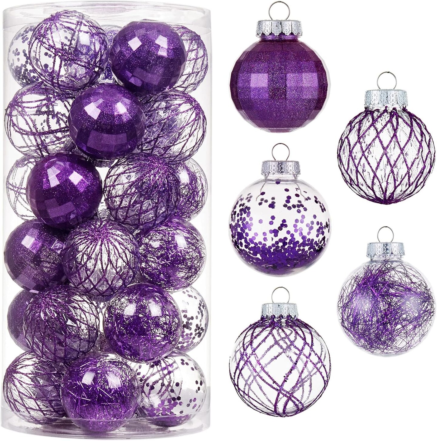 30ct Christmas Ball Ornaments-60mm/2.36&#x22; Shatterproof Clear Plastic Xmas Balls Baubles Set with Stuffed Delicate Sparkling, Hanging Christmas Tree Decorations (Purple)