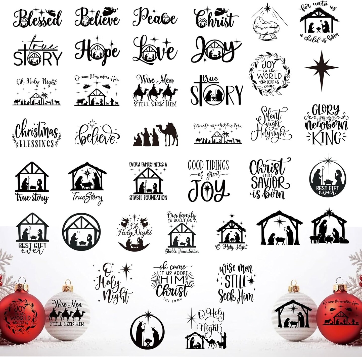 40 Pieces Christmas Nativity Stickers for Crafts Vinyl Christmas Stickers Waterproof Decals for Ornament Ball Wood Cup Glass Water Bottle Decoration (40 Pcs Black Nativity)