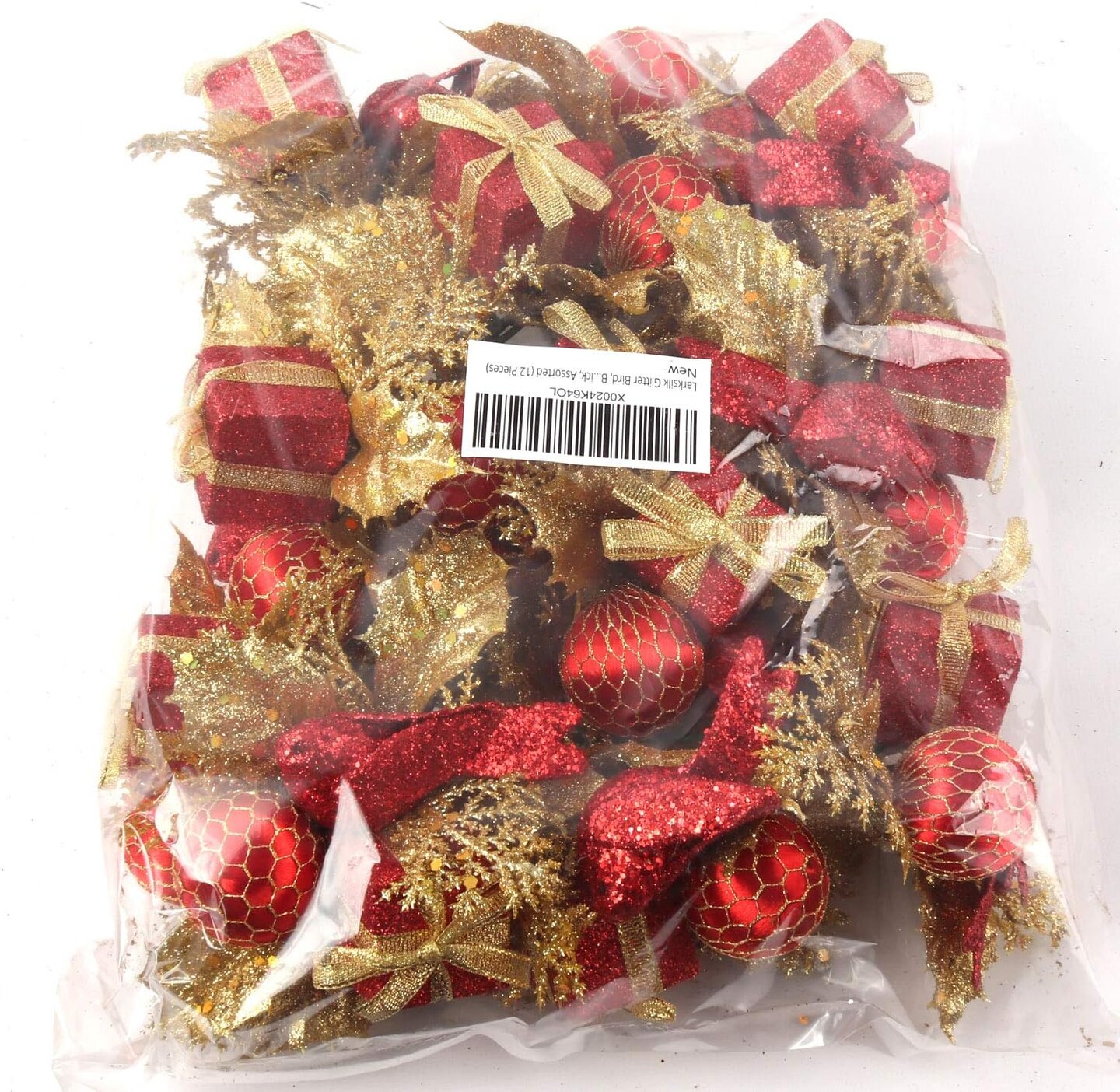 12-Pieces Artificial Gold Flower Leaf Christmas Tree Picks Decoration - 12 Picks with Red Gift Box, Bird, and Christmas Ball Ornament Decor