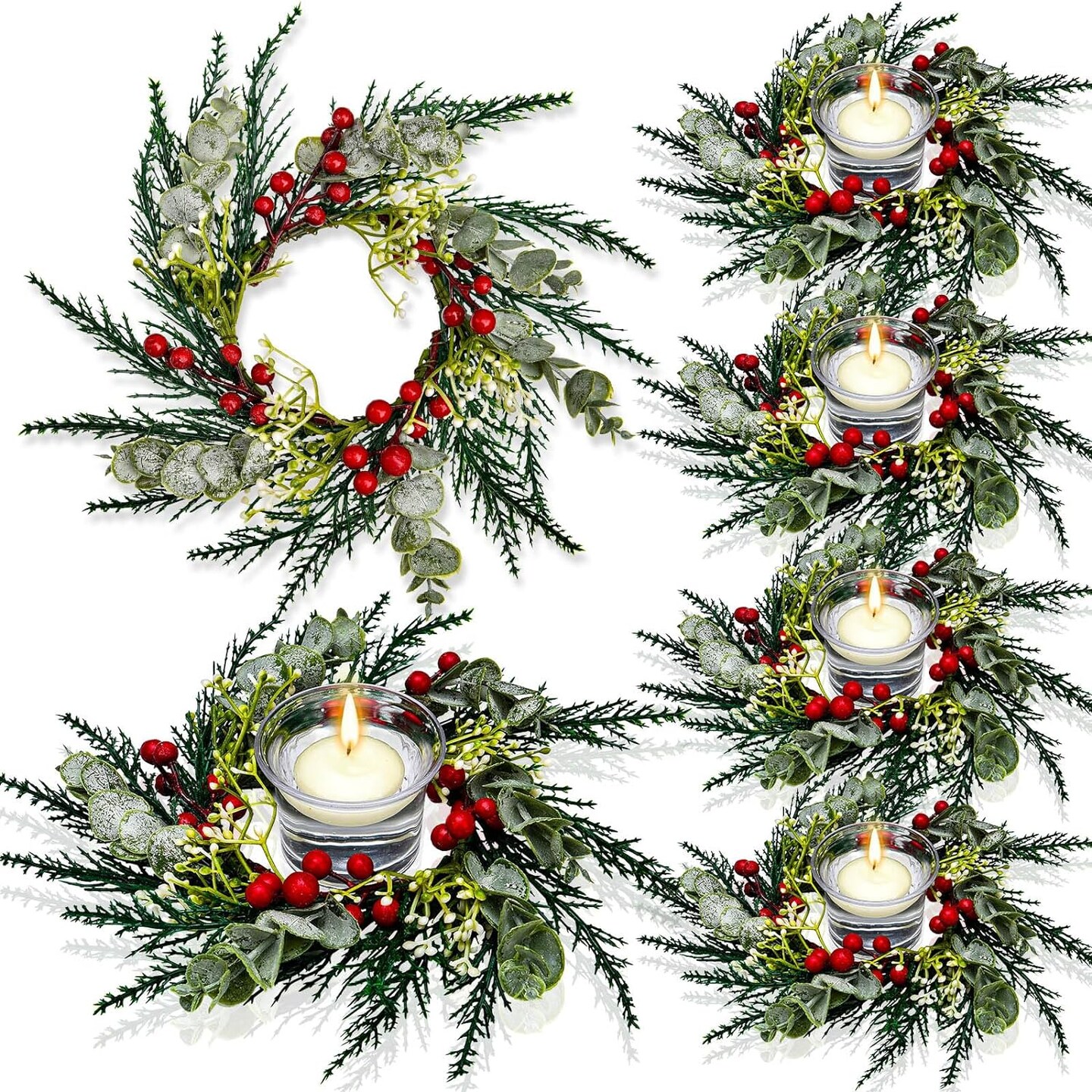 Christmas Candle Rings Artificial Red Berries Snowy Pine Needles Garland Candle Rings Wreaths Candle Rings for Pillars Rustic Wedding Centerpiece Christmas Table Decoration for Front Door (4 Pcs)