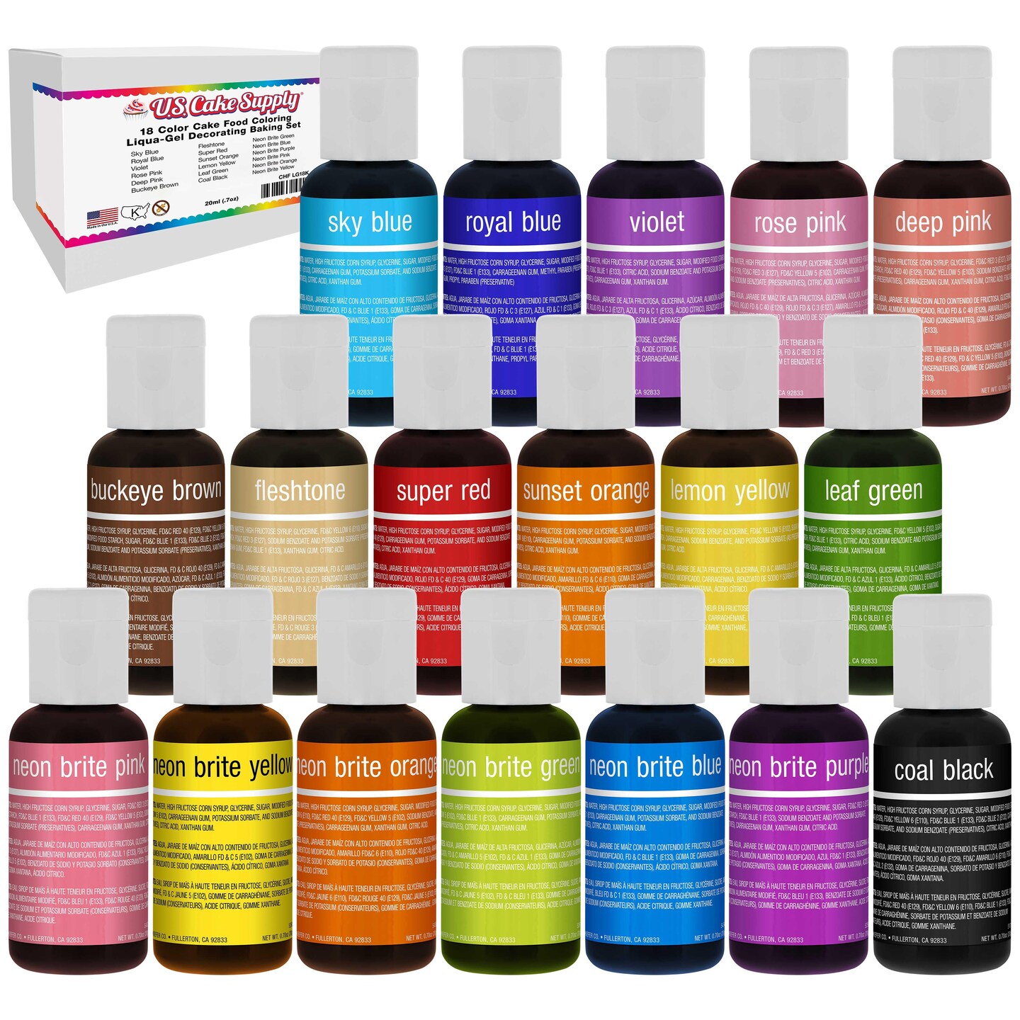 18 Color Cake Food Coloring Liqua-Gel Decorating Baking Set - 12-Primary &#x26; 6-Neon Colors U.S. Cake Supply 0.75 fl. oz. (20ml) Bottles - Made in U.S.A.