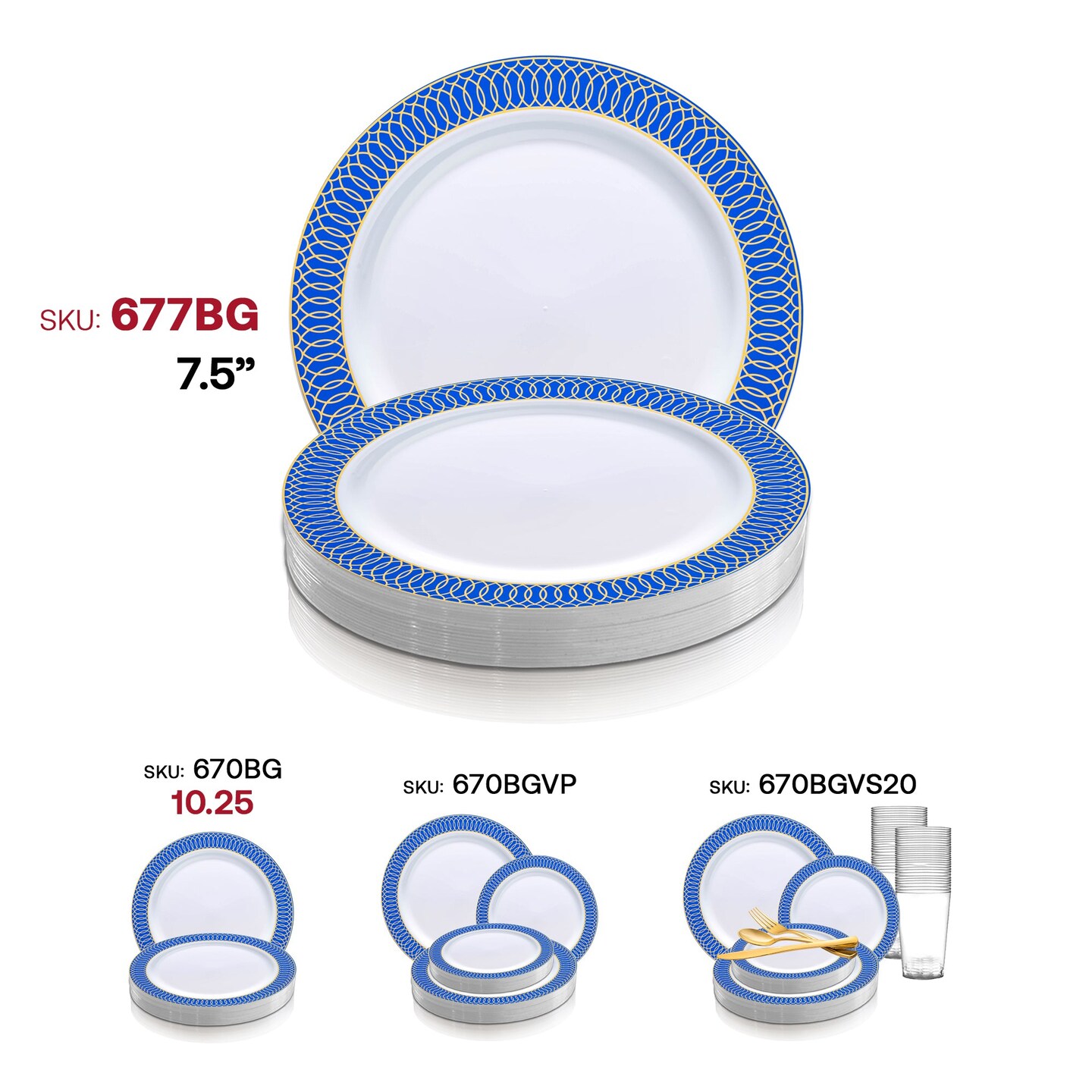 White with Gold Spiral on Blue Rim Plastic Appetizer/Salad Plates - 7.5" (120 Plates)