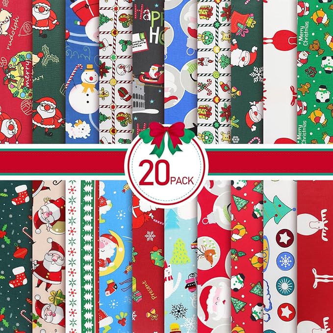 Christmas Fabric Bundles, 20 Pcs Different Pattern Christmas Quilting Fabric, Fabric Squares with Snowman and Santa Christmas Cotton Fabric Sewing Crafting DIY Supplies(9.8 x 9.8 Inch/25 x 25 cm)