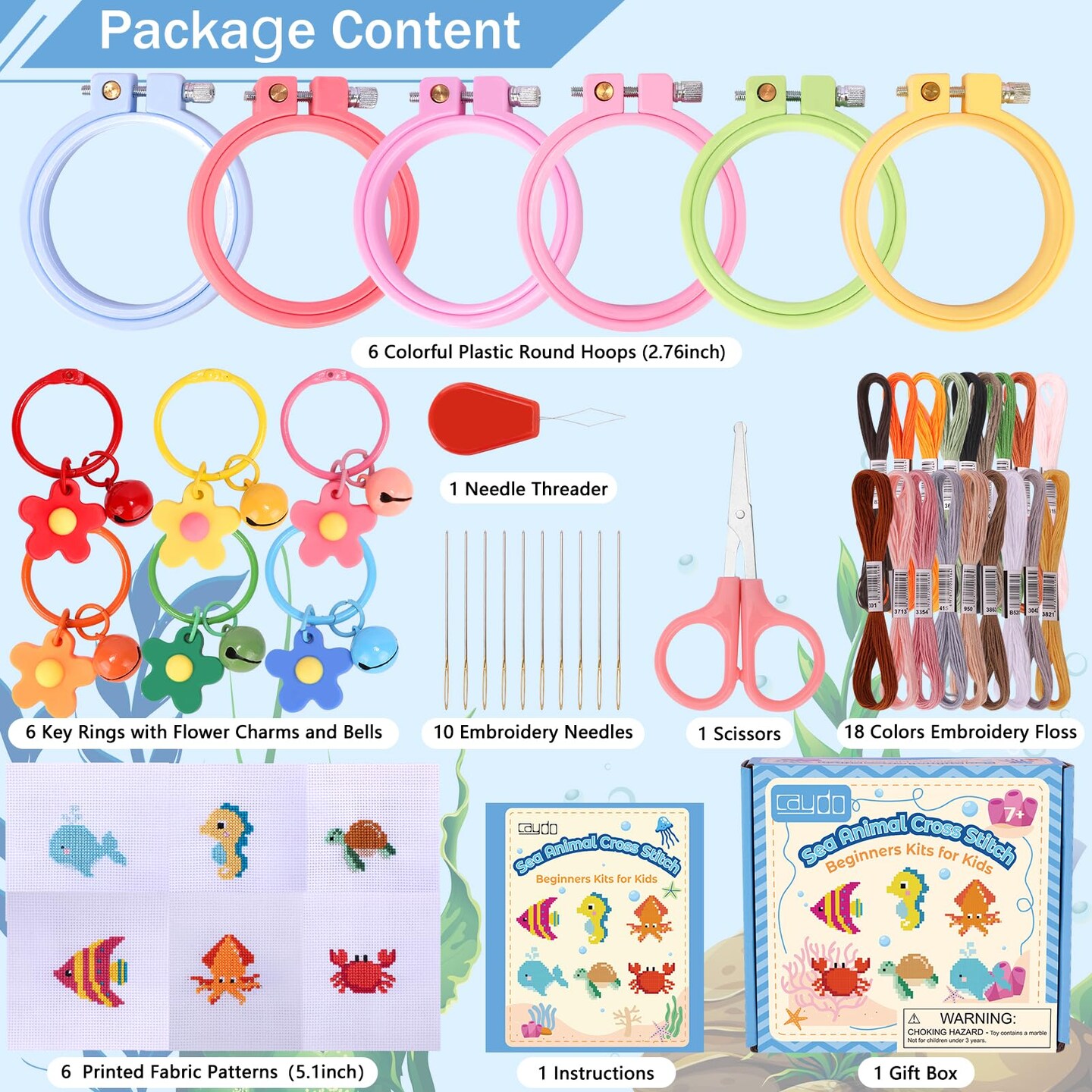 6 Pieces Sea Animal Cross Stitch Kit for Kids with Stamped Aida Cloth, Embroidery Hoops, Keychains, Embroidery Tools and Instructions for Beginners DIY Craft Ornament