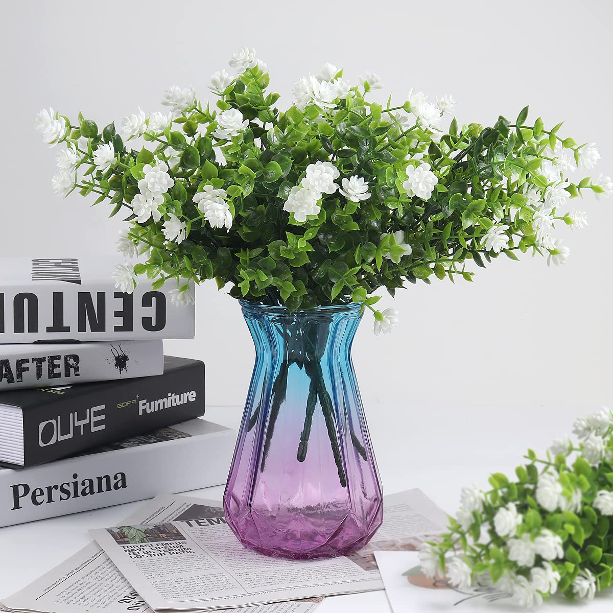 Artificial Flowers, Fake Boxwood Outdoor UV Resistant Plants Artificial Springs Flowers Eucalyptus Greenery Shrubs Bridal Wedding Bouquet for Home Garden Party Wedding Decoration(White)