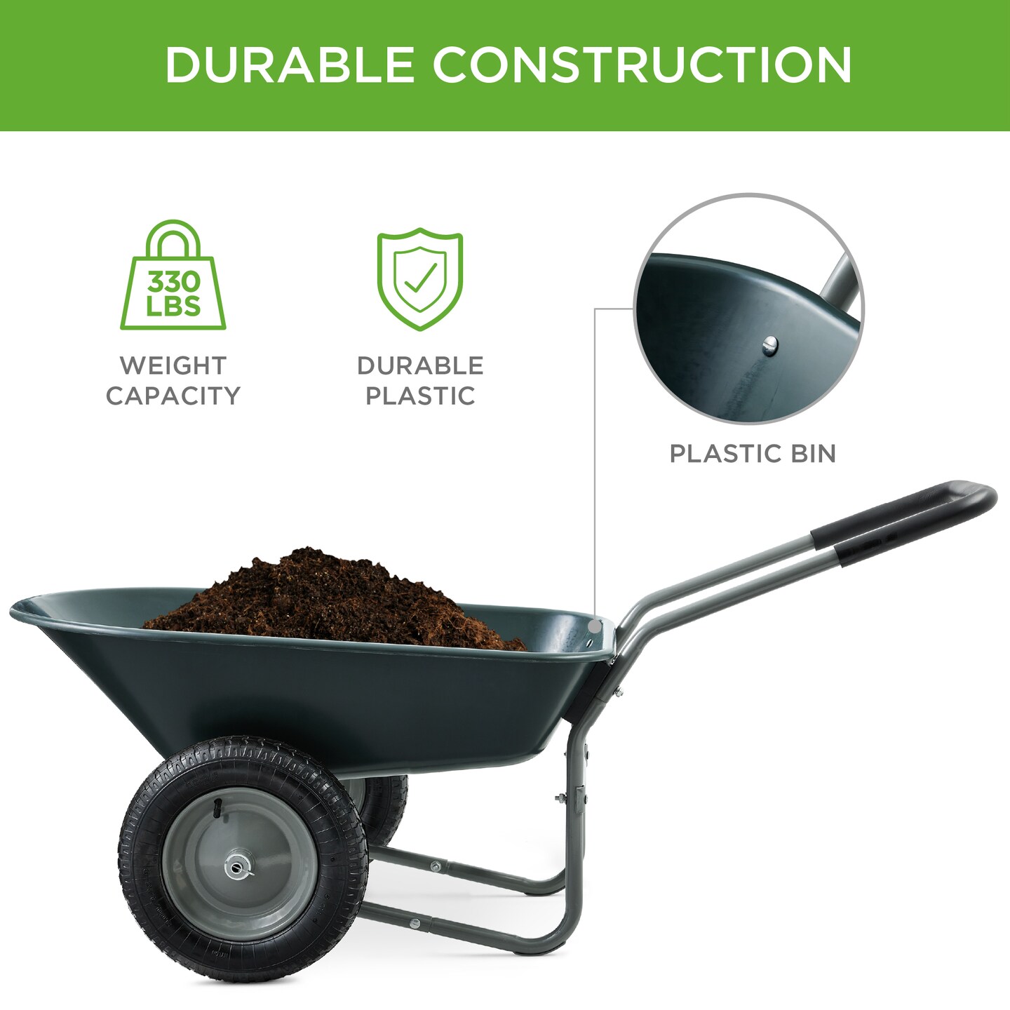 Best Choice Products Dual-Wheel Home Wheelbarrow Yard Garden Cart for Lawn, Construction