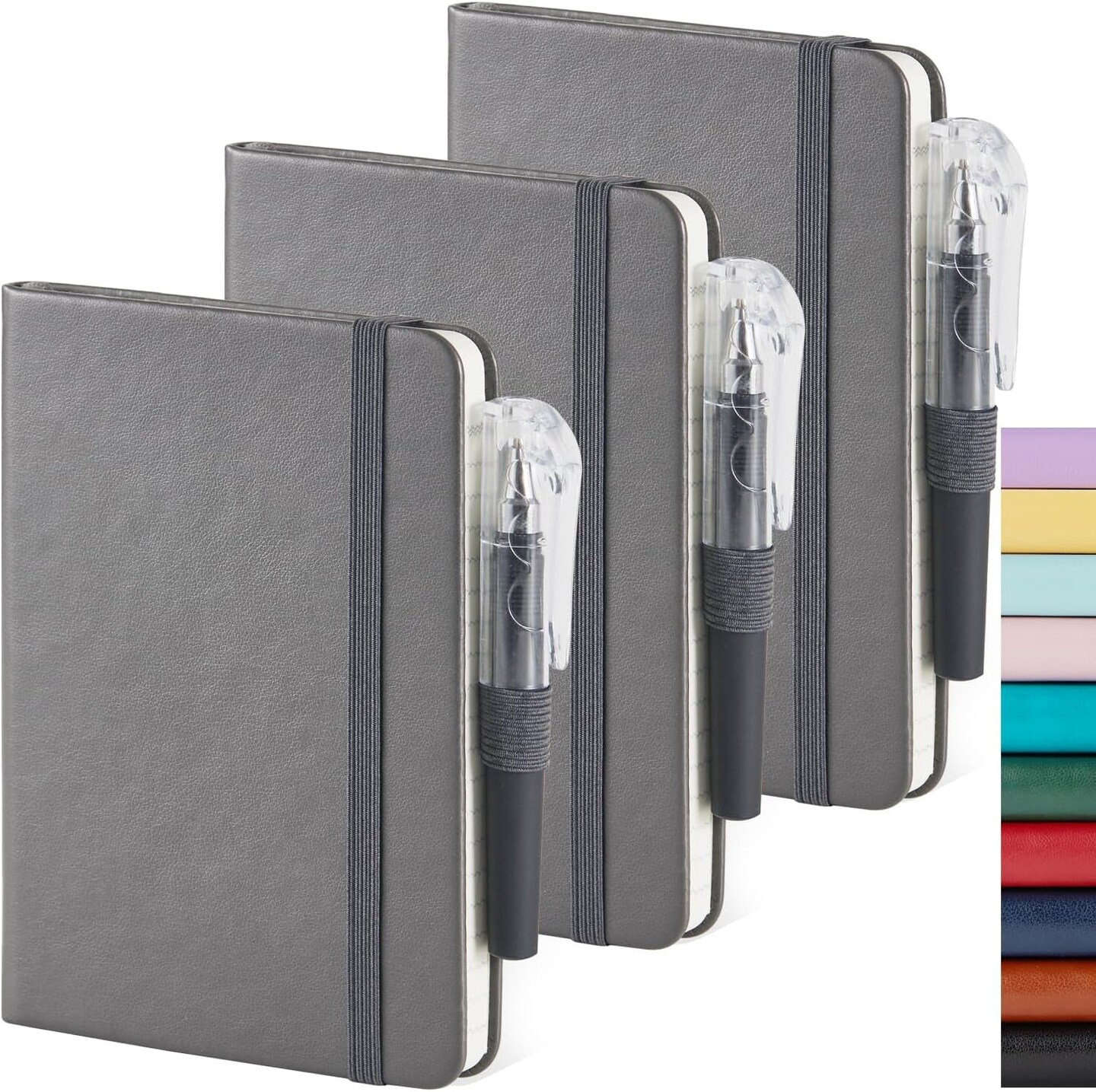 Small Pocket Notebook Journal for Men/Women, 3 Pack A6 Mini Small Notepad Note Book 3.7&#x22; X 5.7&#x22; with Pen Holder for Work Travel Writing, Leather, Grey