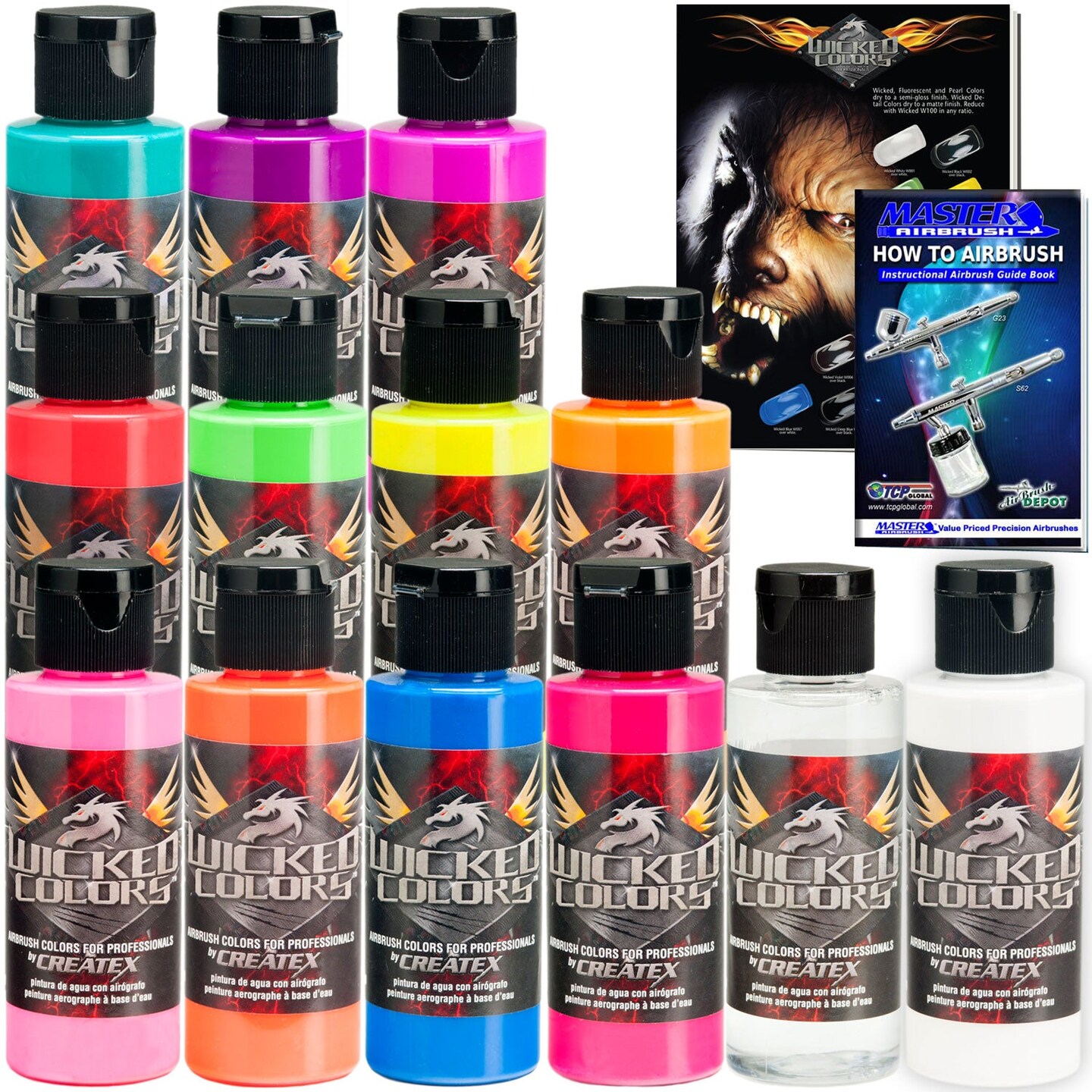 11 Color &#x26; Reducer Wicked Fluorescent Airbrush Paint Set, 2 oz. Bottles