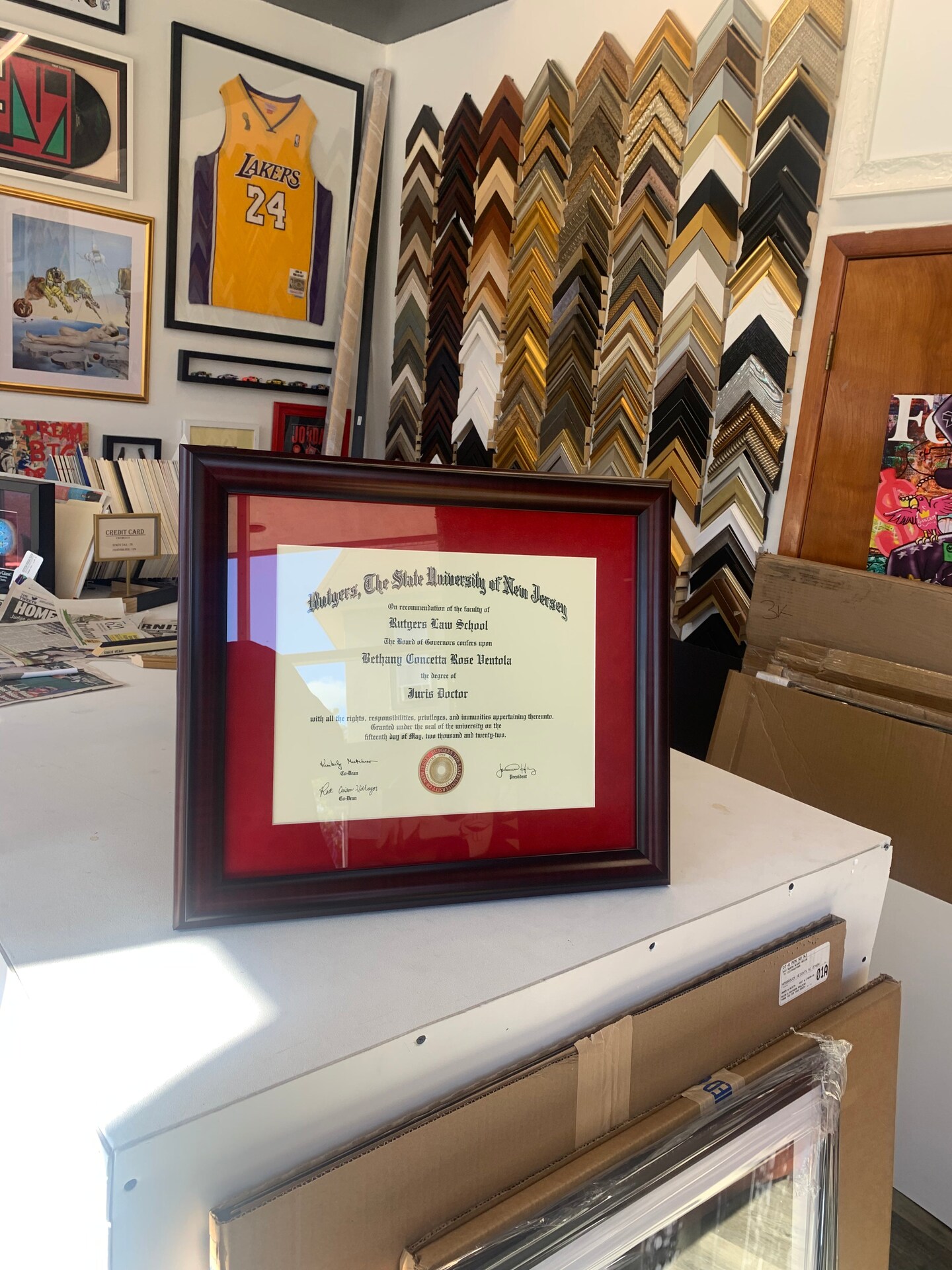 Rutgers diploma frame with red suede mat
