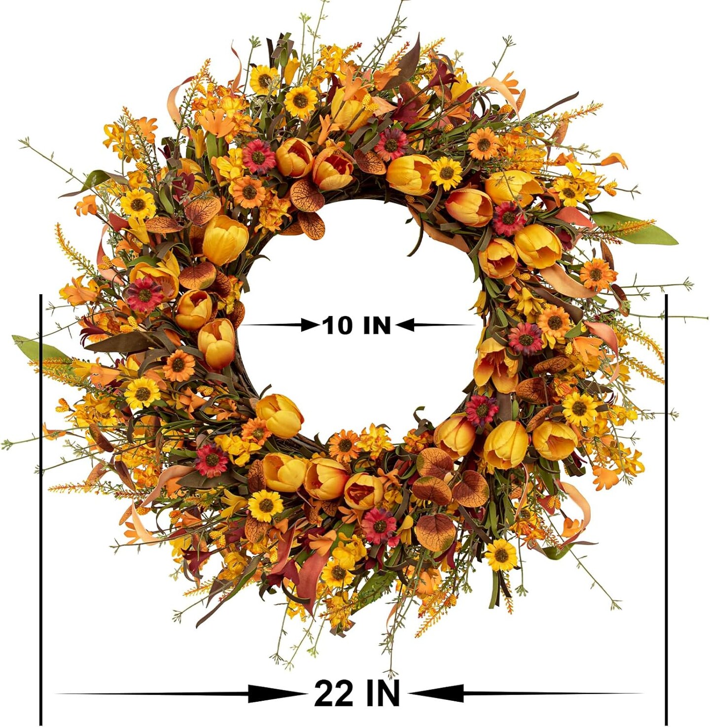 Fall Wreath 22 Inch Outdoor Front Door Artificial Autumn Wreath with Orange Tulip and Various Wildflowers for Thanksgiving Home Holiday Decorations