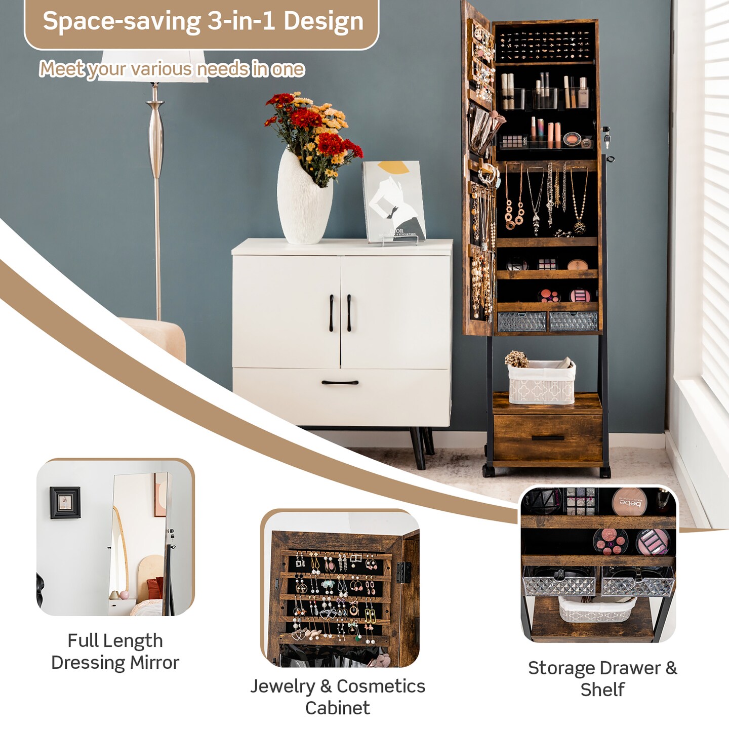 Costway Jewelry Cabinet Armoire Full Length Mirror Lockable with Bottom Drawer &#x26; Wheels White/Coffee/Black