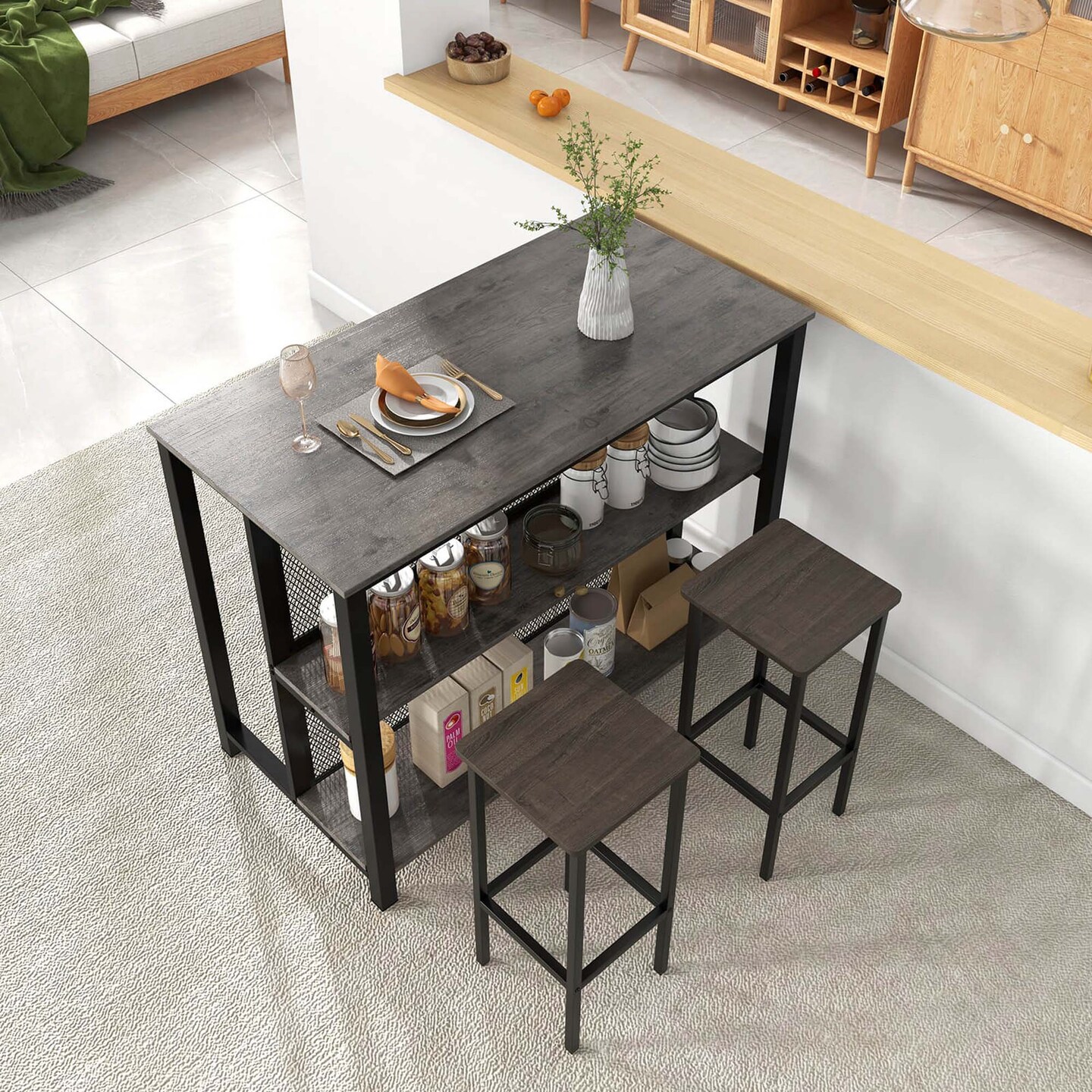 Costway 36" Tall 3-Tier Bar Table with Storage Metal Frame Adjustable Foot Pads Rustic Brown/Grey