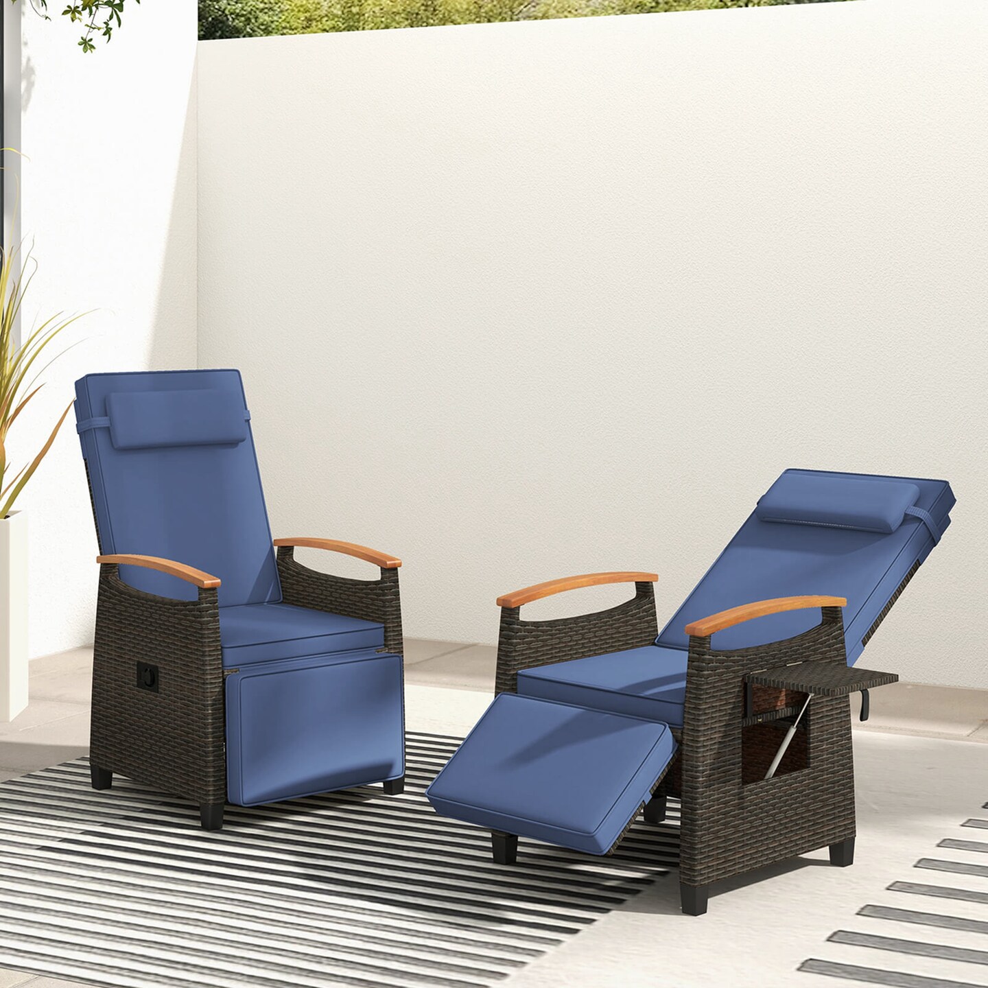 Costway 1/2 PCS Patio Wicker Recliner Chair with Adjustable Backrest Footrest Flip Side Table Navy