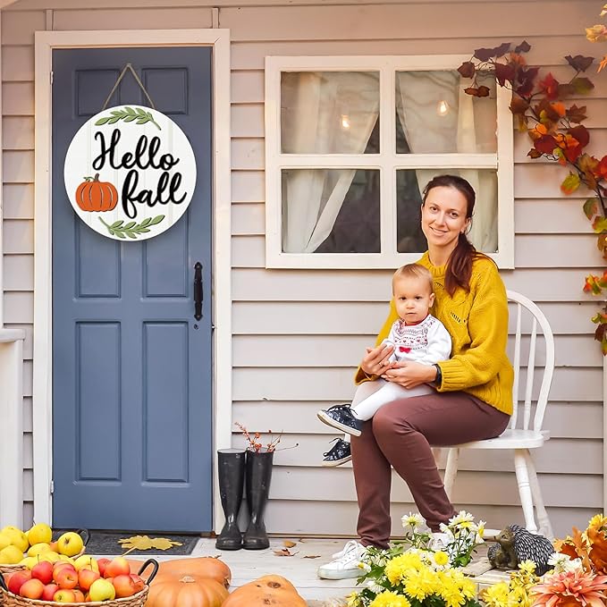 Hello Fall Decorations for Home - Fall Door Sign Pumpkin Wreath Hanger Decor Wall Door Decor for Indoor Outdoor Front Door Porch Farmhouse Turkey Wall Decorations