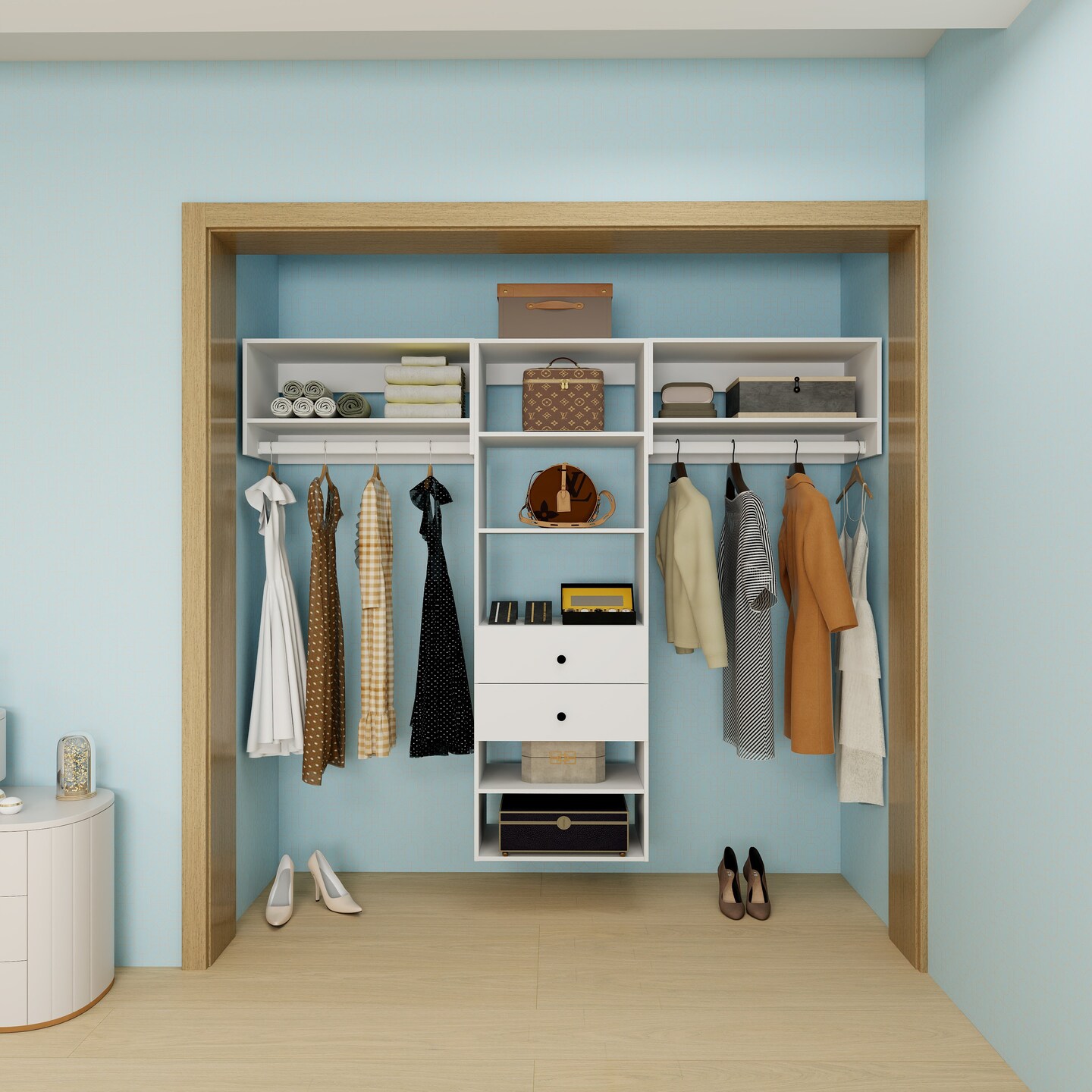Livelylodge Modular Closet Storage System Wooden 7 Shelves 2 Rods 2 Drawers 87&#x22;