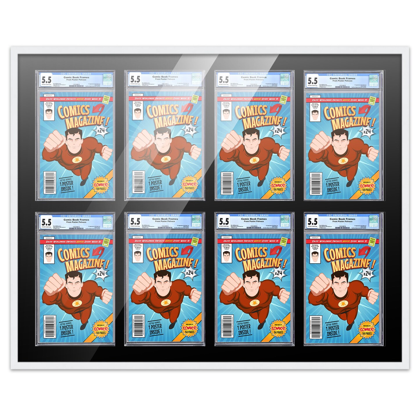 Comic Book Display Frame for Graded Comics - White Wood Comic Frame With Black Mat for 8.125x13 Comics, 18 Frame Sizes