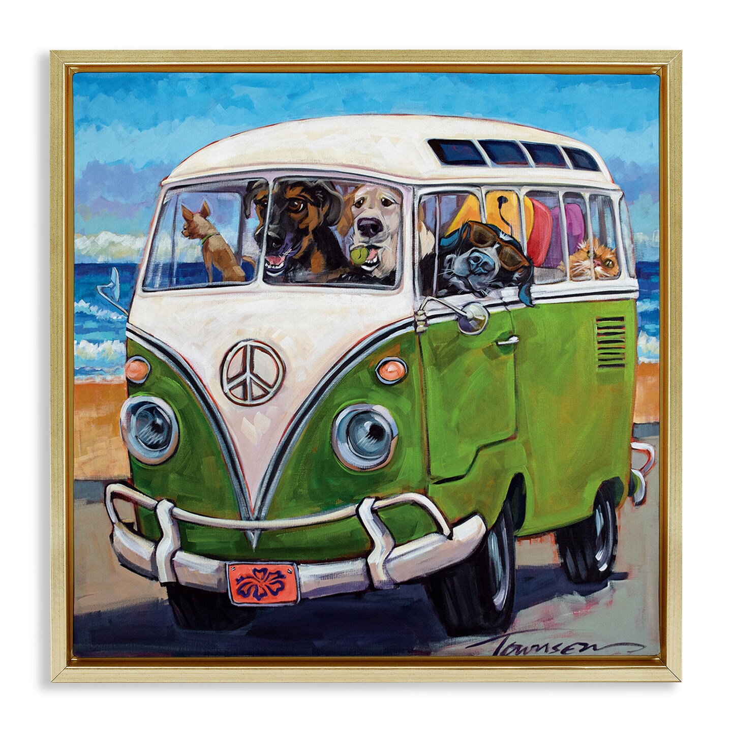 Stupell Industries Dogs Driving Retro Van Framed Floater Canvas Wall Art