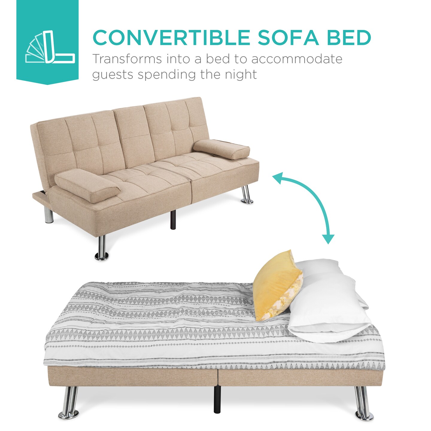 Best Choice Products Modern Linen Convertible Futon Sofa Bed w/ Removable Armrests, Metal Legs, Cupholders