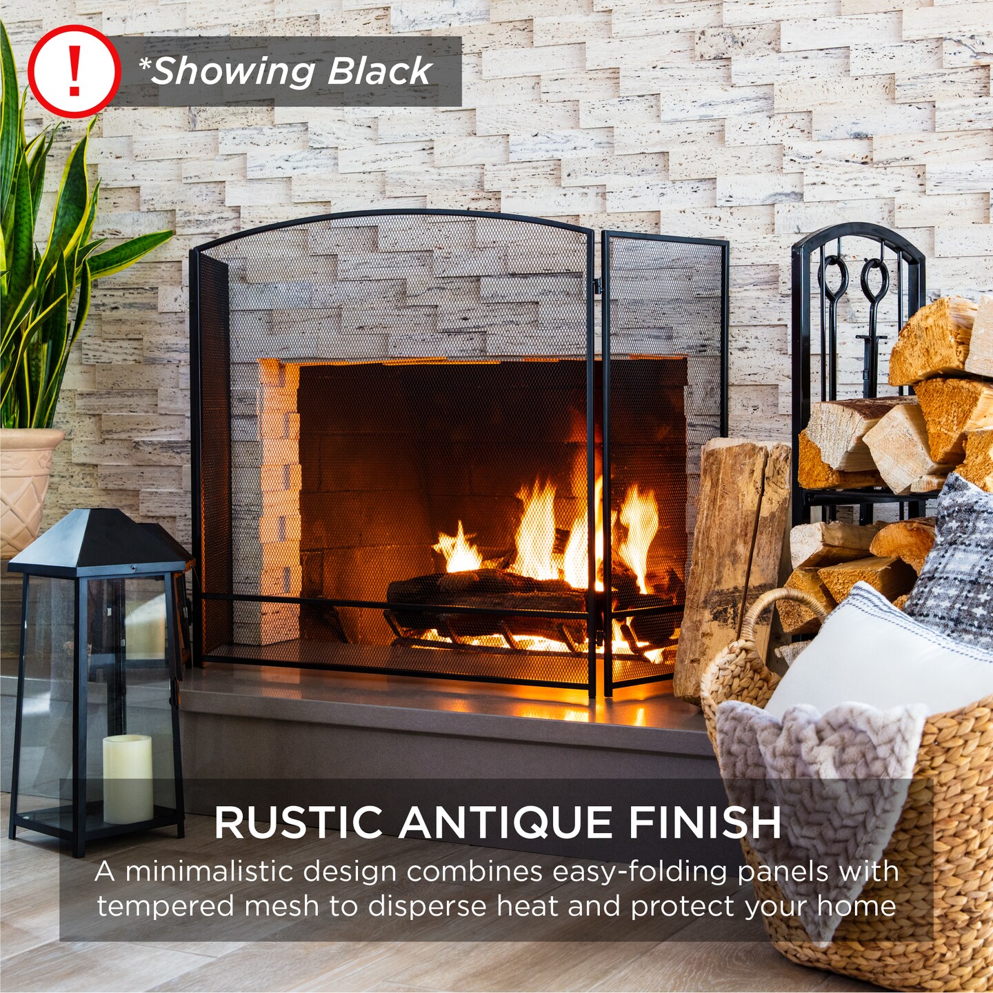 Best Choice Products 47.5x27.25in 3-Panel Steel Mesh Fireplace Screen, Spark Guard w/ Rustic Worn Finish