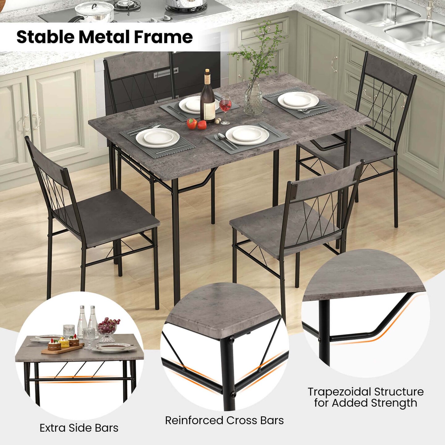 Costway 5PCS Dining Table Set for 4 Rectangular Kitchen Table & 4 Chairs with Metal Frame Cement Gray/Black