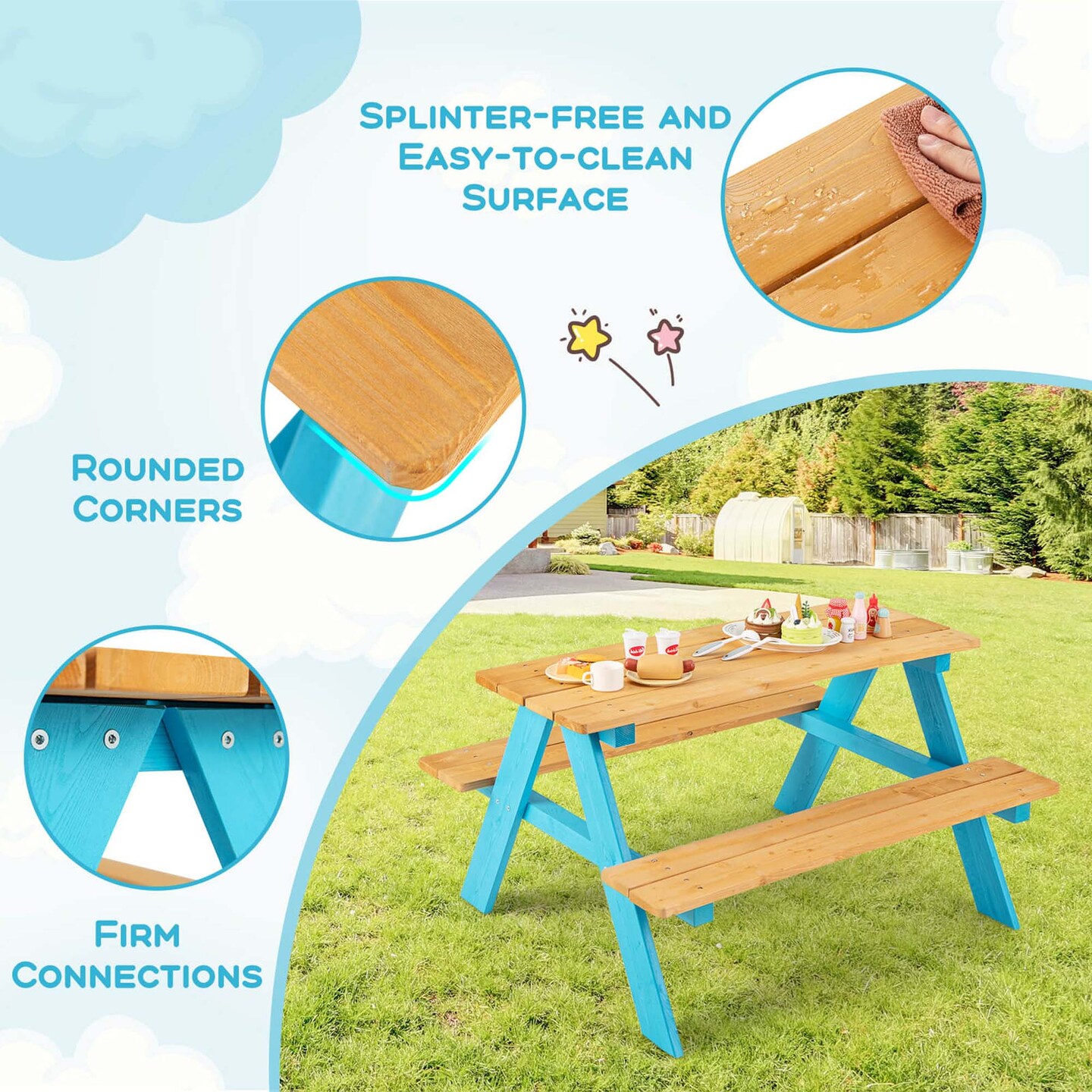 Kids Picnic Table Set Children Outdoor Wooden Table with Bench Seats Backyard