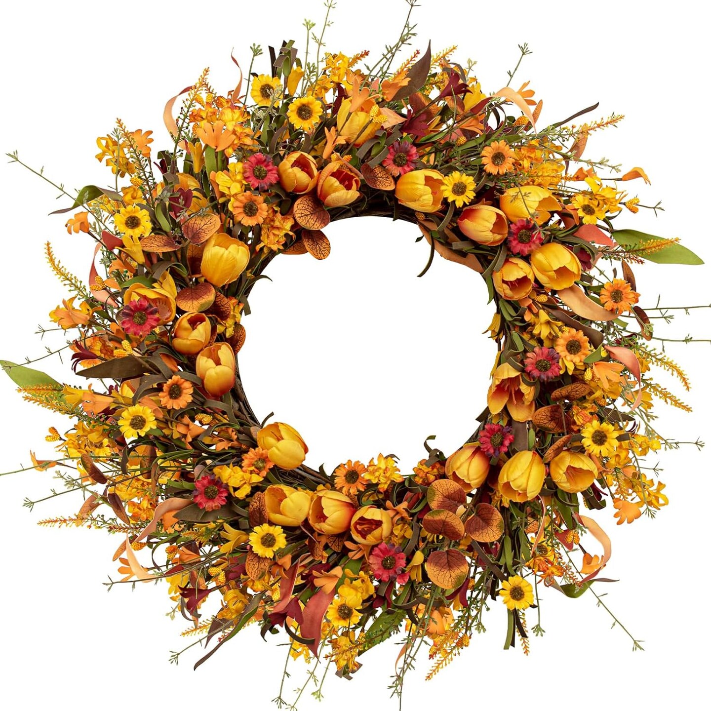 Fall Wreath 22 Inch Outdoor Front Door Artificial Autumn Wreath with Orange Tulip and Various Wildflowers for Thanksgiving Home Holiday Decorations