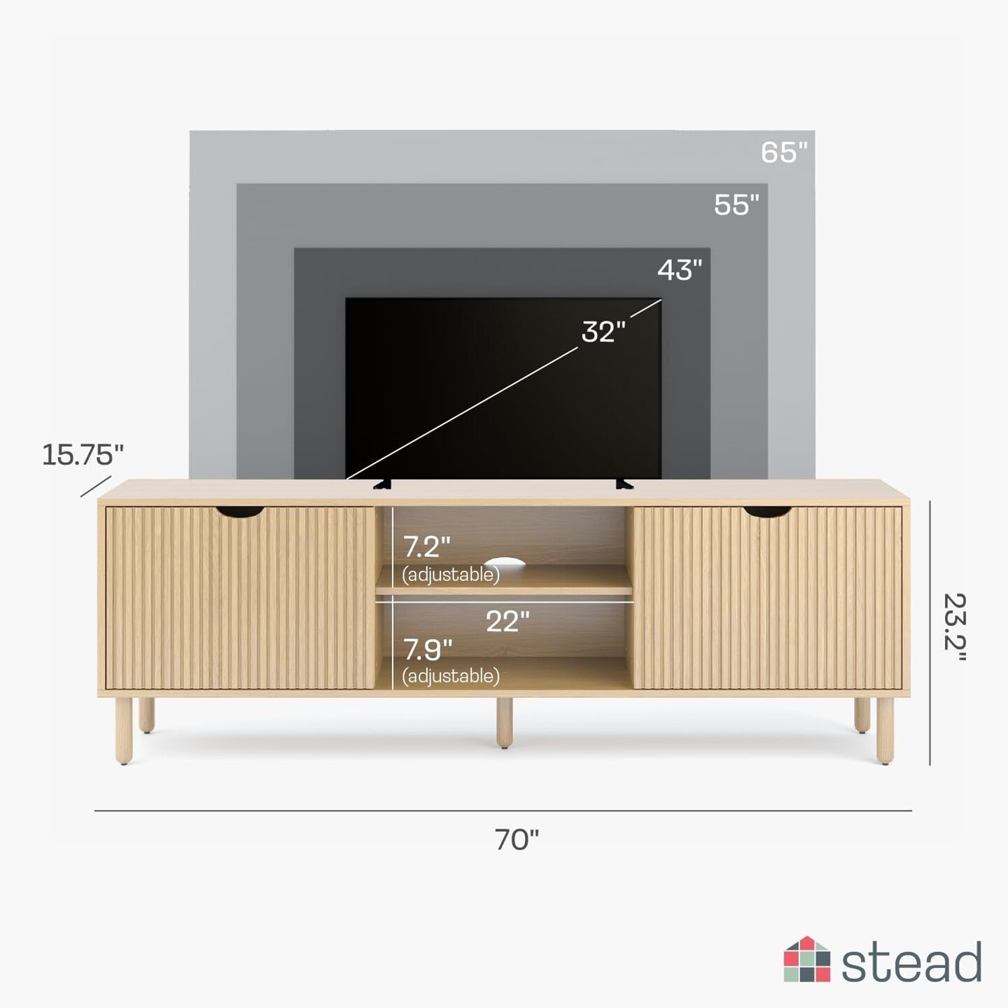 Contemporary Fluted TV Stand - Media Console - 70 Inch Entertainment Center with Storage - Console Table for Living Room and Bedrooms - Supports 32 to 80&#x22; TVs - Soft-Close Cabinet Doors (Light Oak)