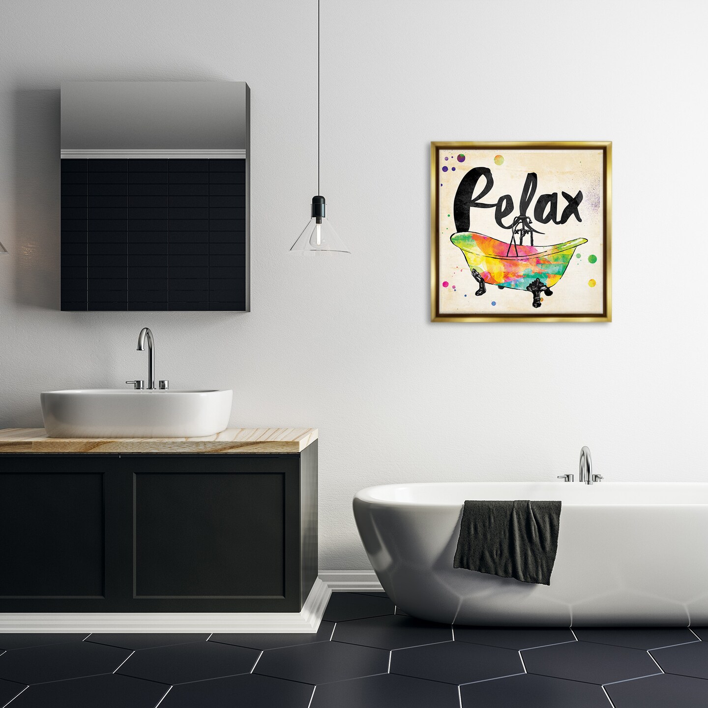 Stupell Industries Relax Rainbow Colors Icon Bath Framed Floater Canvas Wall Art