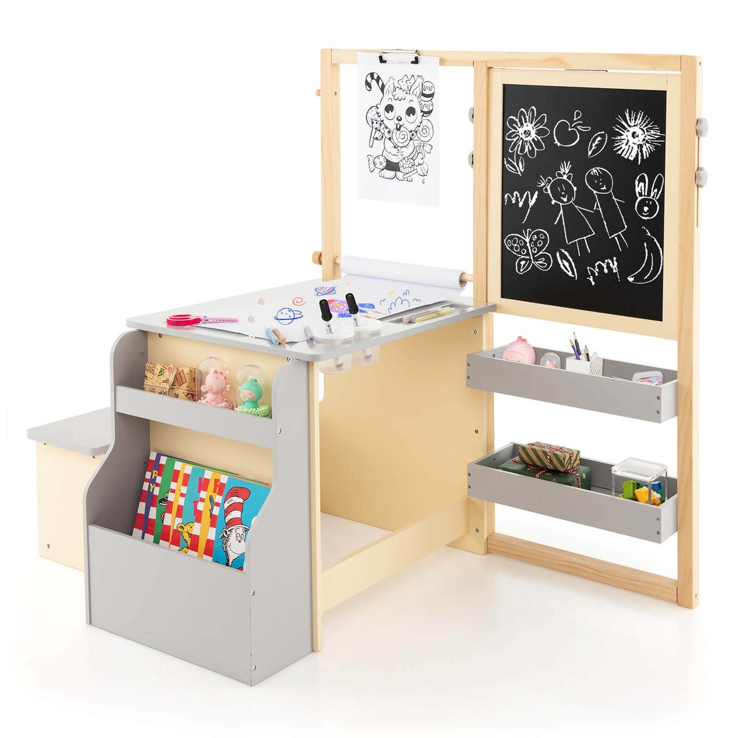 Costway Kids Art Center Wooden Table Bench Set Adjustable Double-Sided Easel Storage