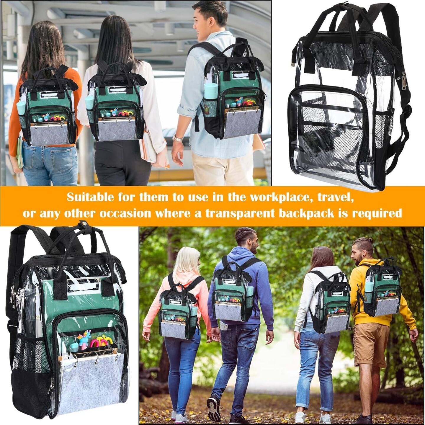 12 Pcs Heavy Duty Clear Backpack 15&#x22; Clear Stadium Backpack Stadium Approved Large Transparent Backpacks for School Donation, Stadium Events Supplies(Black)