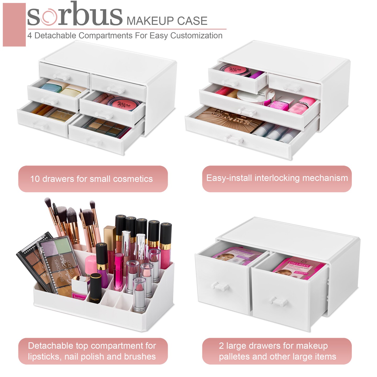 Sorbus Large Makeup Organizer - Stackable Jewelry, Cosmetics, and Skin Care Storage with 12 Drawers and Lipstick and Makeup Brush Holder