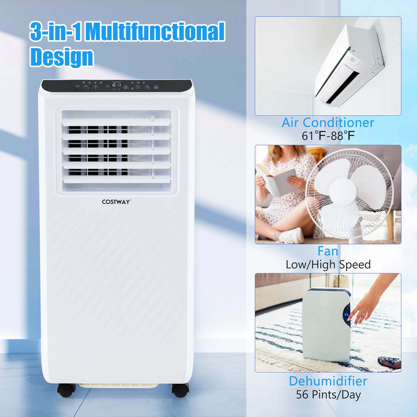 Costway 6500 BTU(10000 BTU ASHRAE) Portable Air Conditioner 3 -in-1 Air Cooler Dehumidifier Fan 24H Timer