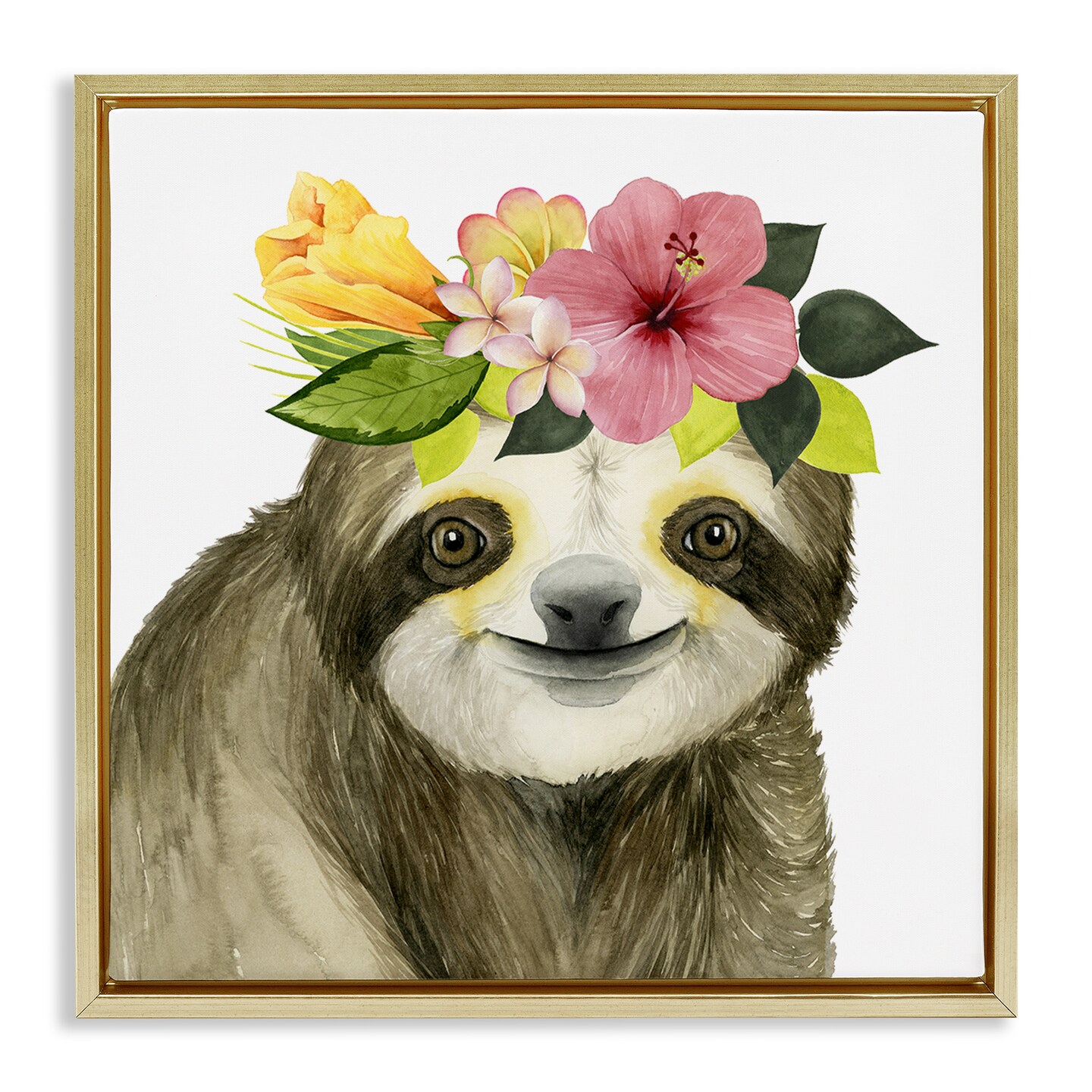 Stupell Industries Smiling Sloth in Flower Crown Framed Floater Canvas Wall Art